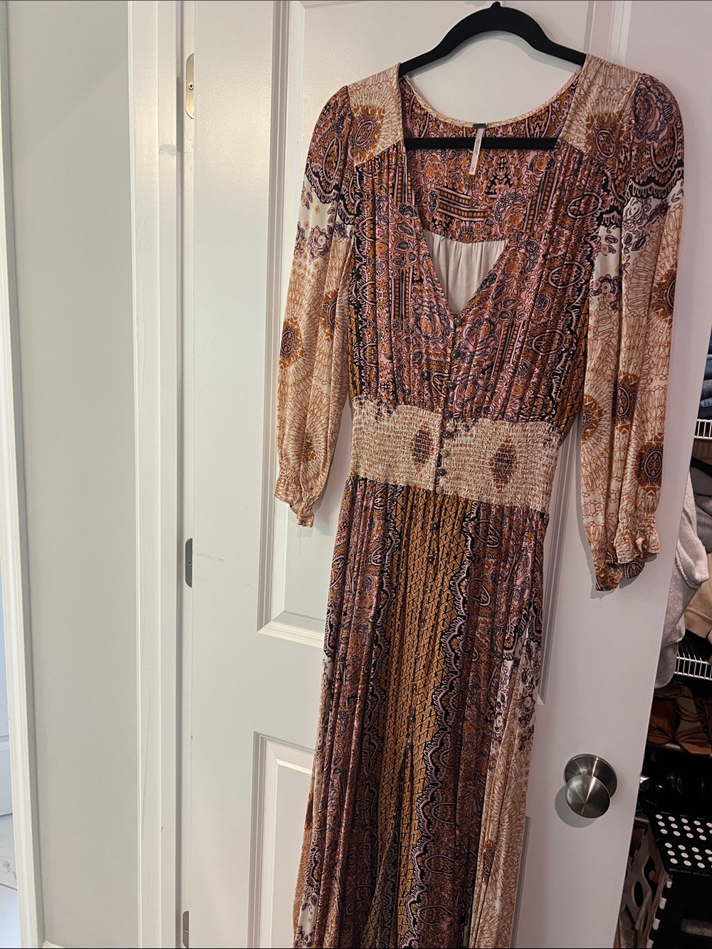 FREE PROPLE Boho Paisley Long Sleeve Maxi Dress in Brown and Cream